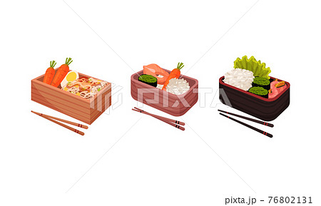 Japanese Bento Box with Traditional Asian Food with Noodles, Rice and Seafood Vector Set Japanese Bento Box with Traditional Asian Food with Noodles, Rice and Seafood Vector Set 76802131