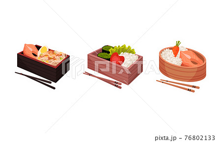 Japanese Bento Box with Traditional Asian Food with Noodles, Rice and Seafood Vector Set 76802133