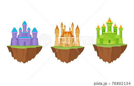 Tall Castle with Towers and Walls as Fortified Middle Age Stone Structure Rested on Floating Rocky Island Vector Set Tall Castle with Towers and Walls as Fortified Middle Age Stone Structure Rested on Floating Rocky Island Vector Set 76802134