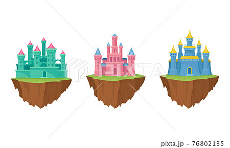 Tall Castle with Towers and Walls as Fortified Middle Age Stone Structure Rested on Floating Rocky Island Vector Set Tall Castle with Towers and Walls as Fortified Middle Age Stone Structure Rested on Floating Rocky Island Vector Set 76802135