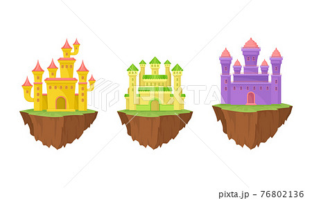 Tall Castle with Towers and Walls as Fortified Middle Age Stone Structure Rested on Floating Rocky Island Vector Set 76802136