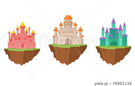 Tall Castle with Towers and Walls as Fortified Middle Age Stone Structure Rested on Floating Rocky Island Vector Set 76802138