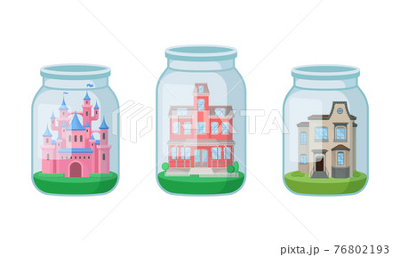 Decorative Castle and Mansion Rested in Glass Jar as Souvenir Vector Set Decorative Castle and Mansion Rested in Glass Jar as Souvenir Vector Set 76802193