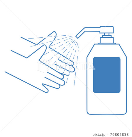アルコール消毒をしている手とアルコール消毒剤のイラスト 青ラベル 白フチのイラスト素材