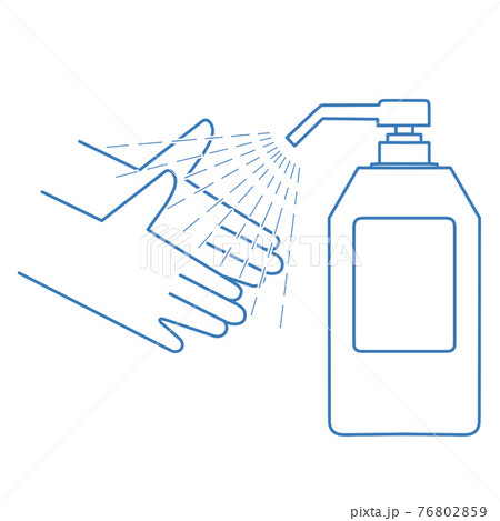 アルコール消毒をしている手とアルコール消毒剤のイラスト、白ラベル、白フチ 76802859