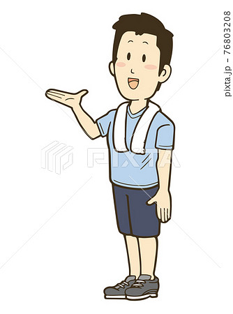 手のひらを上に向けて案内しているtシャツ 短パン姿の男性のイラストのイラスト素材