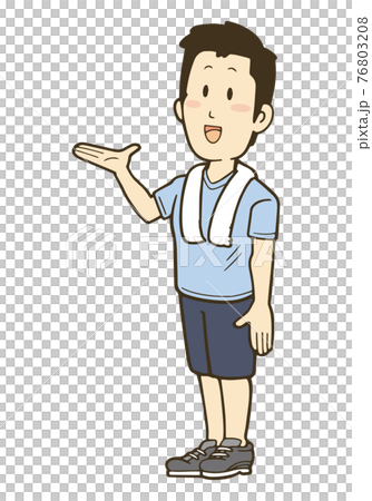 手のひらを上に向けて案内しているtシャツ 短パン姿の男性のイラストのイラスト素材