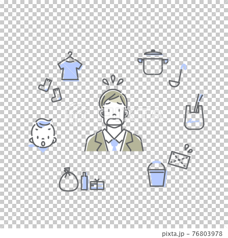 仕事と家事育児の両立に悩む男性 シンプルでおしゃれな線画イラストのイラスト素材