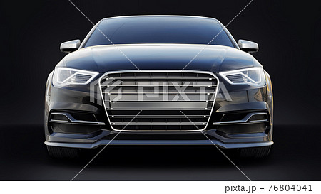 Super fast sports car color black metallic on a black background. Body shape sedan. Tuning is a version of an ordinary family car. 3d rendering. 76804041