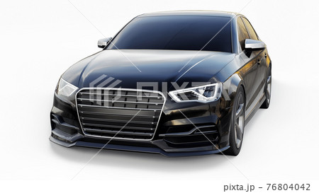 Super fast sports car color black metallic on a white background. Body shape sedan. Tuning is a version of an ordinary family car. 3d rendering. 76804042