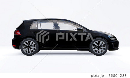Black small family car hatchback on white background. 3d rendering. Black small family car hatchback on white background. 3d rendering. 76804283