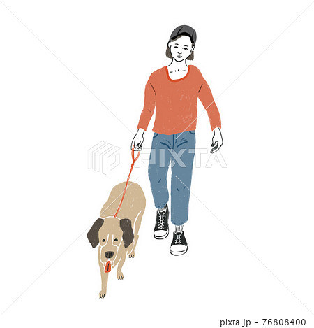 犬の散歩 手描き風イラスト カラー のイラスト素材