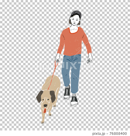 犬の散歩 手描き風イラスト カラー のイラスト素材
