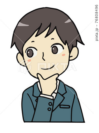 顎に手をあてる笑顔の男子学生のバストアップのイラスト素材