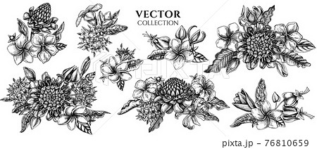 Flower bouquet of black and white plumeria, allamanda, clerodendrum, champak, etlingera, ixora 76810659