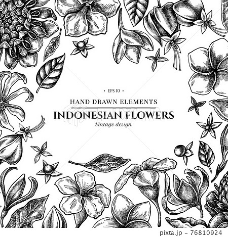 Floral design with black and white plumeria, allamanda, clerodendrum, champak, etlingera, ixora 76810924