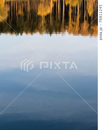 Autumn colorful trees reflect in calm lake water surface Autumn colorful trees reflect in calm lake water surface 76811245