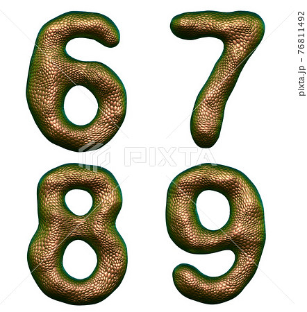 Set of numbers 6, 7, 8, 9 made of realistic 3d render gold color. Collection of natural snake skin texture style symbol 76811492