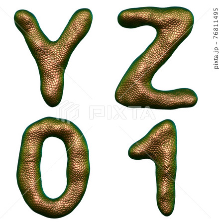 Set of letters Y, Z, 0, 1 made of realistic 3d render natural gold snake skin texture. 76811495
