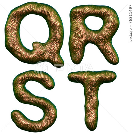 Set of letters Q, R, S, T made of realistic 3d render natural gold snake skin texture. 76811497