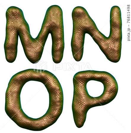 Set of letters M, N, O, P made of realistic 3d render natural gold snake skin texture. 76811498