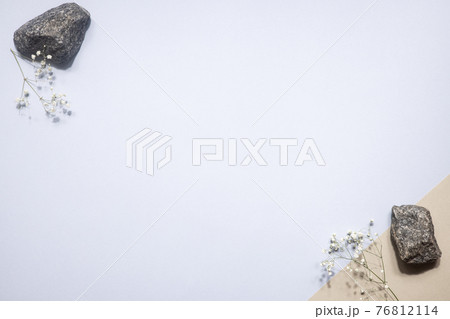 Dry white flower and stone on a light blue pastel background. Trendy, minimal concept with copyspace, Aesthetic, minimalism 76812114