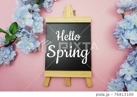 Hello Spring text on wooden blackboard and flower decoration on pink background 76813100