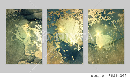 Set of marble patterns. Majestic turquoise and gold geode textures with glitter 76814045