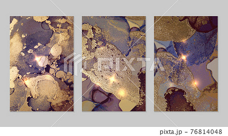 Set of marble patterns. Purple, blue and gold geode textures with glitter 76814048