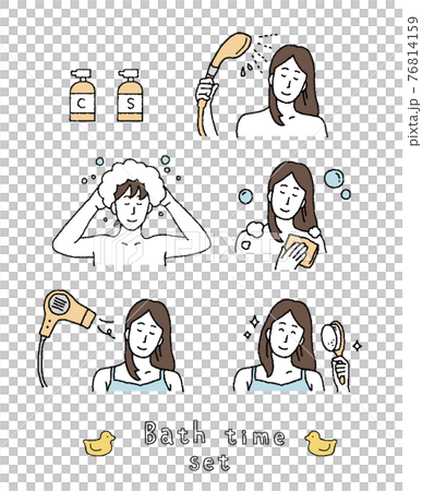 Illustration set of a woman wearing shampoo and hair dryer Illustration set of a woman wearing shampoo and hair dryer 76814159