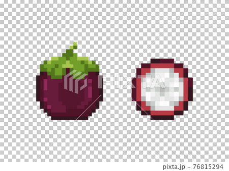 Pixel art mangosteen icon set. Pixel retro game mangosteen and half mangosteen icons. 8 bit or 16 bit style mangosteen for game or web design. Flat cute pixel fruit or berry vector. 76815294