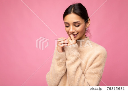 Portrait of young positive smiling tender winsome happy beautiful brunette woman with sincere 76815681
