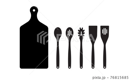 KITCHEN UTENSILS: baking spatula, skimmer spoon, scraper, serving and spaghetti spoon, vegetable wood spoon, spatula, cutting board. 76815685
