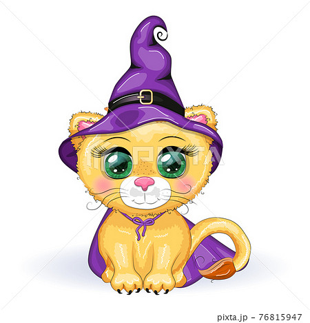 Cute cartoon tiger with beautiful eyes, orange in a purple cloak and witch's hat, with a broom and pumpkins. Halloween Cute cartoon tiger with beautiful eyes, orange in a purple cloak and witch's hat, with a broom and pumpkins. Halloween 76815947