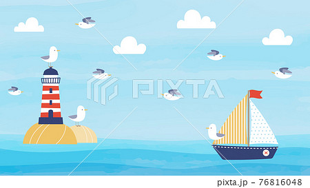 夏向け背景素材 灯台とヨットのイラスト素材