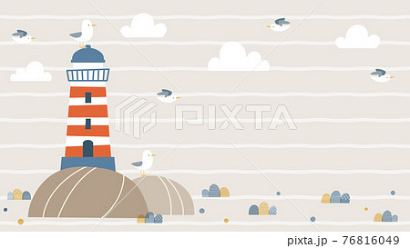 夏向け背景素材　灯台とカモメ 76816049