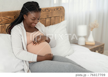 Happy Expectation. Portrait Of Young Pregnant African American Lady Relaxing At Home 76817709