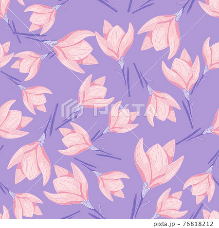 Seamless doodle pattern with pink crocus flower simple ornament. Pastel purple background. Floral backdrop. Seamless doodle pattern with pink crocus flower simple ornament. Pastel purple background. Floral backdrop. 76818212
