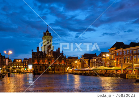 Delft Market Square Markt in the evening. Delfth, Netherlands 76820023