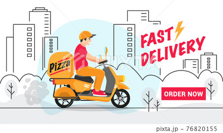 scooter delivery man delivers a parcel in the city along the route, man is in a hurry to fast delivery of mail, goods from the store or food from restaurants, vector illustration 76820155