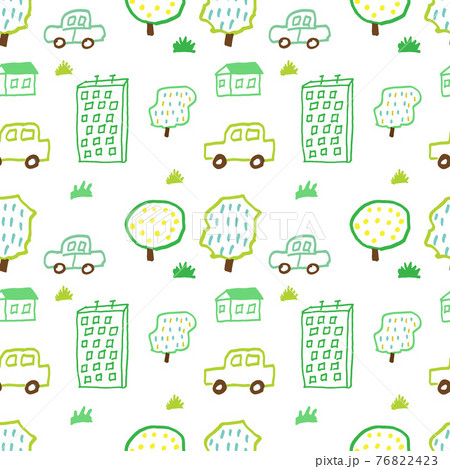 Seamless illustration with city life, houses, trees, cars. Trendy modern texture for fabric, wallpaper, textile and apparel. Seamless illustration with city life, houses, trees, cars. Trendy modern texture for fabric, wallpaper, textile and apparel. 76822423