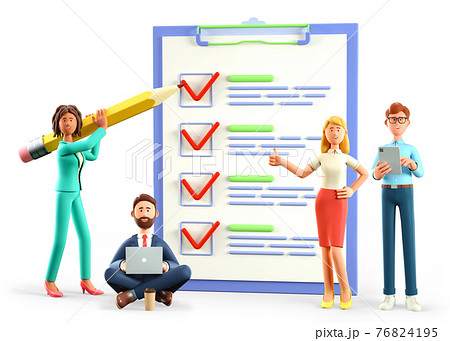 3D illustration of human characters filling out a test in customer survey form. Ethnic people group 3D illustration of human characters filling out a test in customer survey form. Ethnic people group 76824195