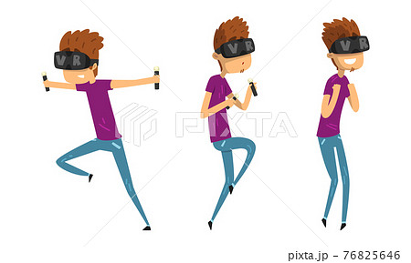 Young Man in Virtual Reality Headset Set, Boy Wearing VR Helmet Living Digital Experience Cartoon Vector Illustration 76825646