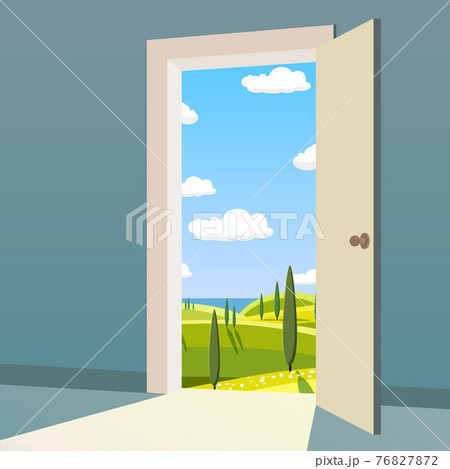 Open Door to nature way. Landscape valley symbol freedom, new way exit, discovery, opportunities. Motivation concept to real world. Vector illustration cartoon style poster banner 76827872