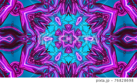 Kaleidoscope with purple neon flash ligts. Abstract loopes bg with flashing lines pattern like ornamental flower, star or mandala on blue plane like light bulbs or garland of curves lines. 3d render 76828698