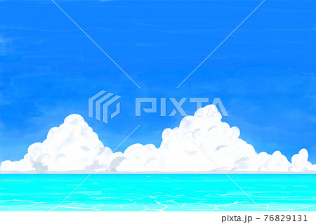 夏の青空と入道雲 エメラルドグリーンの海のイラスト素材
