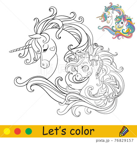 Cute head of two unicorns in profile coloring vector 76829157