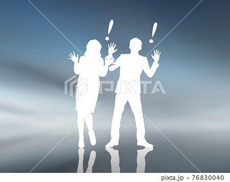 驚く女男シルエット白　エクスクラメーションマーク　CGイラスト横 76830040
