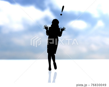驚く女性シルエット黒　エクスクラメーションマーク　CGイラスト横 76830049