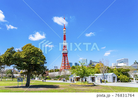 【東京都】春の芝公園から見える東京タワー 76831764